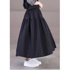 Beautiful Solid Black Elastic Waist Patchwork Cotton Pleated Skirt Summer