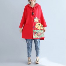 autumn red new hooded cotton coats plus size print big pocket cardigans outwear